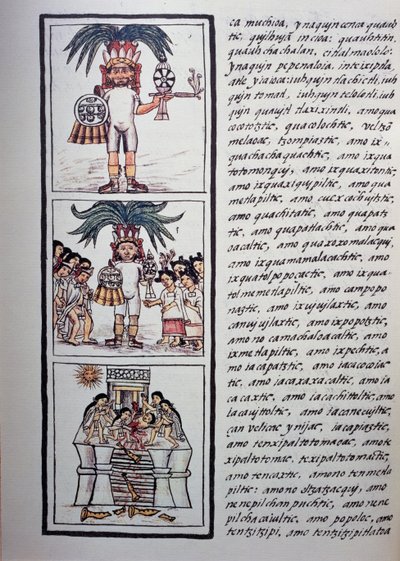 Festiwal Toxcatl i jego ofiara, Księga II kodeksu florenckiego, wersja dwujęzyczna w języku hiszpańskim i nahuatl, Ogólna historia rzeczy Nowej Hiszpanii (Historia general de las cosas de Nueva Espana), cywilizacja Azteków autorstwa Benjamin Baud
