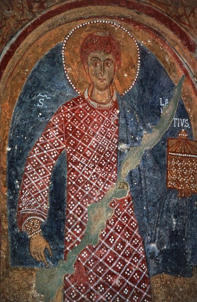 Figura świętego, fresk w kaplicy św Mikołaja (XI-XV w.), Mottola, Apulia, Włochy autorstwa Benjamin Baud