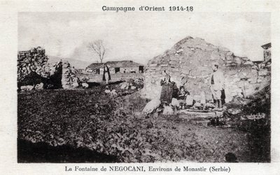 I wojna światowa (1914-1918) - Kampania Wschodnia: Fontanna Negocani w Serbii (obecnie Macedoina) - pocztówka autorstwa William M. Timlin