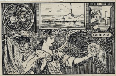 Pierwsza wojna światowa (1914-1918): włoska pocztówka patriotyczna z okazji przyłączenia Gorizii do Włoch autorstwa Unbekannter Künstler