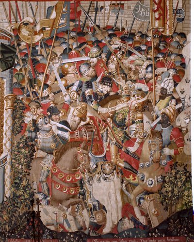 Flamandzki gobelin. Seria Wojna trojańska. Śmierć Achillesa (Muerte de Aquiles). Ósmy gobelin z serii. Mistrz modelu Coëtivy (Henry lub Conrard de Vulcop). Warsztaty produkcji Tournai. Ca 1470. Tkanina Wełna i jedwab, 6/7 osnów na cm. Rozmiar 482 x 942 cm autorstwa Unbekannt