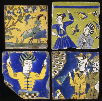 Cztery kafelki Safavid cuerda seca, przedstawiające dwa koziorożce oraz postacie muzyków i tancerzy, ok. 1900 r. 1600 autorstwa Unbekannt