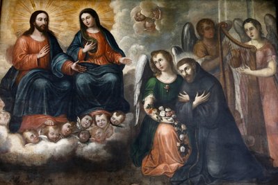Muzeum Fray Pedro Gocial w klasztorze San Francisco w Quito w Ekwadorze. Obraz przedstawiający Jezusa i Maryję ukazujących się San Franciszkowi (zdjęcie) autorstwa Unbekannter Künstler