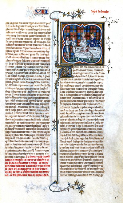 Francuski król Ludwik Palownik (846-879) spotykający się z papieżem Janem VIII podczas koronacji w 877 r., iluminacja z "Grandes Chroniques de France de CharlesV", ok. 1375-1380 r. autorstwa Unbekannter Künstler