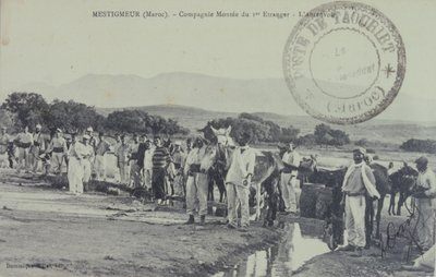 Francuscy legioniści na patrolu w pobliżu gór Atlas, Maroko. Pocztówka z 1909 r. autorstwa Unbekannter Künstler