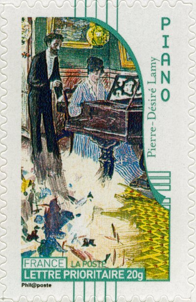 Francuski znaczek pocztowy przedstawiający pianistkę, z obrazu francuskiego artysty Pierre-Désiré Lamy - autorstwa Unbekannt