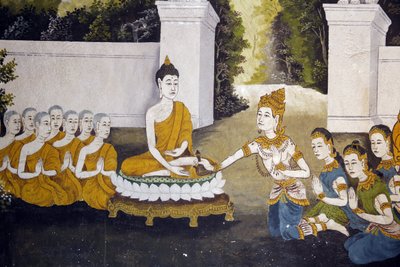 Fresk przedstawiający scenę z życia Buddy w Wat Phra Doi Suthep w Chiang Mai. Budda otrzymujący jałmużnę. Tajlandia autorstwa Unbekannt