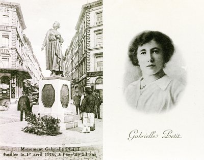 Gabrielle Petit i pomnik wzniesiony na jej cześć w Brukseli, karty pamiątkowe, ok. 1925 (lito) autorstwa Unbekannter Künstler