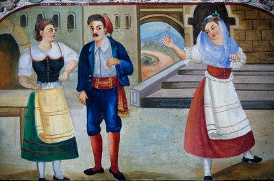 Szarmancka scena z postaciami w kostiumach, malowanie paneli drewnianych, sycylijskie rękodzieło, Sycylia, Włochy, Detail autorstwa William M. Timlin