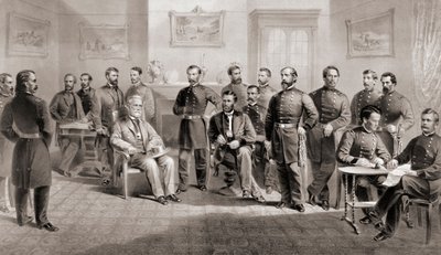 Generał Ulysses S. Grant (siedzi pośrodku po prawej) i generał Robert E. Lee (siedzi pośrodku po lewej) wraz ze swoim personelem w sądzie Appomattox w Wirginii, gdzie generał Lee poddał Armię Północnej Wirginii i tym samym zakończył wojnę secesyjną, autorstwa Unbekannt