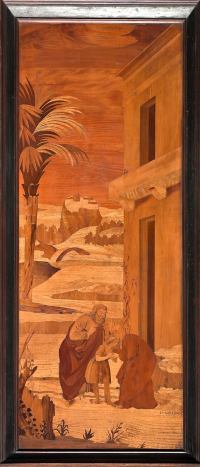 Genua, Duomo (katedra św. Wawrzyńca), wnętrze, absyda, chór, strona północna: „Św. Jan Chrzciciel żegna się z rodziną”, intarsja drewniana Vincenzo e Tommaso Garassino (XIX w.) autorstwa Unbekannter Künstler