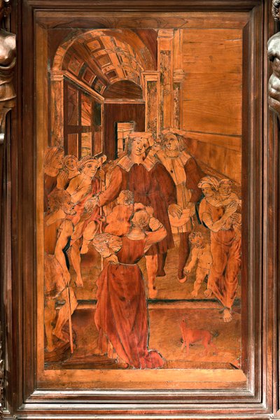 Genua, Duomo (katedra św. Wawrzyńca), wnętrze, prezbiterium, absyda, chór, strona północna: „Miłosierdzie św. Wawrzyńca”, intarsja drewniana Gian Michele de