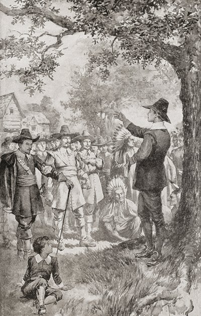 George Fox przemawiający do tłumu w Maryland w Ameryce w 1671 roku podczas czterodniowego spotkania lokalnych kwakrów. George Fox autorstwa Unbekannter Künstler