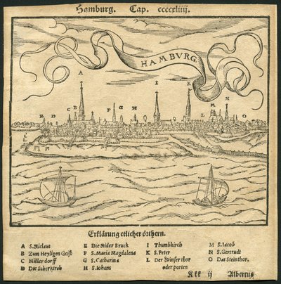 Niemcy, Hamburg, widok na miasto, na pierwszym planie rzeka Łaba, ilustracja z Cosmographia autorstwa Sebastiana Muenstera (Munster), ok. 1570 r. (rycina) autorstwa Unbekannter Künstler