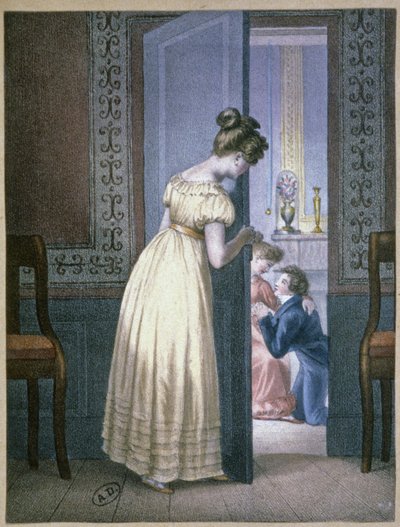 Dziewczyna przysłuchująca się prywatnej rozmowie dwojga kochanków, ok. 1820 r. (rycina) autorstwa Unbekannter Künstler