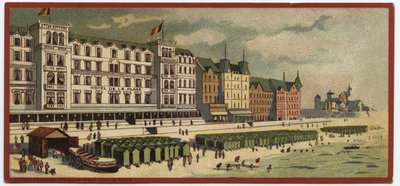Grand hotele: widok zewnętrzny Hotelu de la Plage w Ostendzie, Belgia - Mapa serii przedstawiającej hotele „Compagnie Internationale des Grands Hotels”, koniec XIX i początek XX wieku autorstwa William M. Timlin
