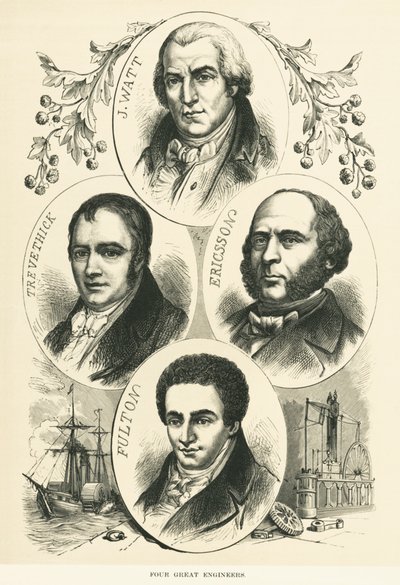 Wielcy inżynierowie i wynalazcy: James Watt, John Ericsson, Robert Fulton, Richard Trevithick, ok. 1880 (zdjęcie czarno-białe) autorstwa Unbekannt