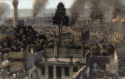 Grecja, Saloniki (lub Saloniki): widok częściowo spalonego górnego miasta, prawdopodobnie podczas pożaru w 1917 r. - Pocztówka 1914-1918 autorstwa Unbekannter Künstler