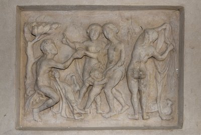Mitologia grecka: Sąd Paryski. Pasterz Paris musi wybrać najpiękniejszą z trzech bogiń z Afrodyty (Wenus), w towarzystwie Kupidyna, Hery (Junon) i Ateny (Minerwa). Wybiera Afrodytę, której ofiarowuje złote jabłko. Ulga autorstwa Unbekannt