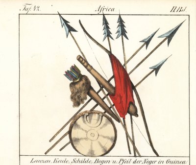 Guinee Conakry broń, włócznie, maczugi, łuk i strzały w kołczanie, tarcza. Litografia do książki: "Galerie complete en tableaux fideles des peuples d
