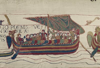 Statki Harolda są wdmuchiwane na terytorium hrabiego Guy of Ponthieu, Bayeux Tapestry (haft z wełny na płótnie) autorstwa Unbekannt