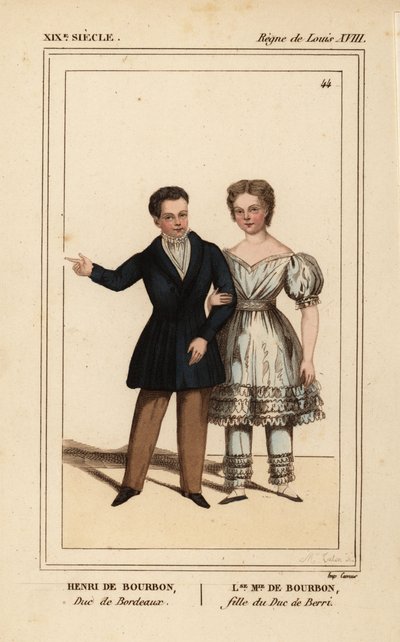 Henryk, hrabia Chambord, książę Bordeaux 1820-1883 i Louise Marie Therese of Artois, córka księcia Berry 1819-1870. Ręcznie kolorowana litografia autorstwa Madame Calon z Le Bibliophile Jacob aka Paul Lacroix