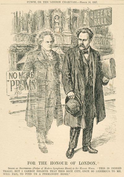 Henry Wood i duch Beethovena przed Salą Królowej, grawerunek z Punch lub The London Charivari, 16 marca autorstwa Unbekannt