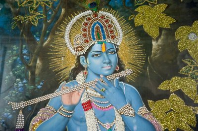Hinduizm; obraz Pana Kryszny z fletem; Świątynia Durgiana Mandir Wisznu; Amritsar; Pendżab; Indie; Południowa Azja; Azja autorstwa Unbekannt