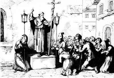 Historia starożytnego Rzymu. Zakonnik przemawia do ludzi na placu w Rzymie. Grawerowanie Bartolomeo Pinelli XIX wiek autorstwa Unbekannt