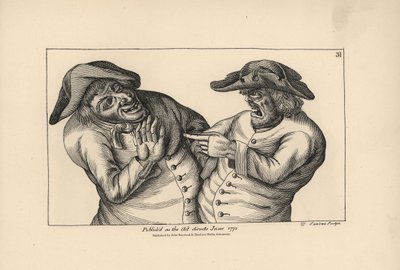 Hodge i Roaf oskarżają się nawzajem o pozostawienie dzbanka sików zamiast dzbanka piwa. Miedzioryt Thomasa Sandersa według satyrycznej ilustracji Timothy