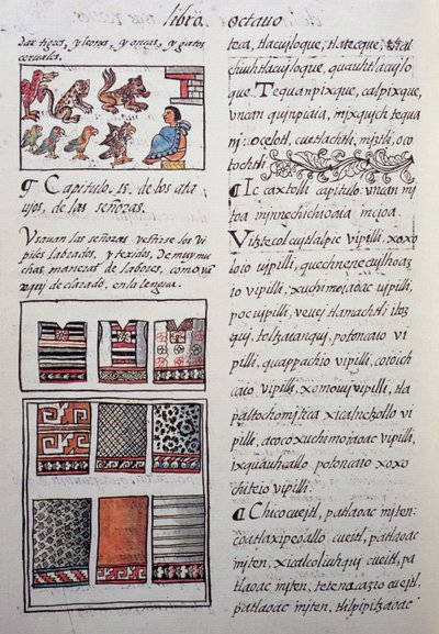 Huipil, kobiecy strój noszony przez szlachtę z haftowanymi bluzkami, księga VIII Kodeksu florenckiego, Ogólna historia rzeczy Nowej Hiszpanii, autorstwa hiszpańskiego misjonarza Fray Bernardino de Sahagun. Cywilizacja Azteków autorstwa William M. Timlin