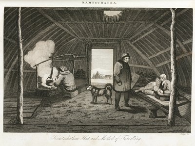 Chata Kamczatka (skrajny wschodni półwysep Rosji) i sanie transportowe, ok. 1810 r. autorstwa Unbekannt