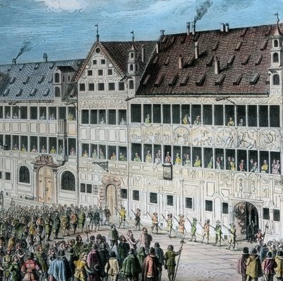 Przed domem Fuggerów na Weinmarkt w Augsburgu ludzie składają hołd szwedzkiemu królowi Gustawowi Adolfowi autorstwa Unbekannter Künstler