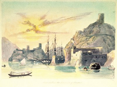 Widok wnętrza portu Muscat (Oman) z opisem ufortyfikowanych budynków i zacumowanych statków. Podpułkownik Charles Hamilton Smith (1776-1859) autorstwa Unbekannter Künstler