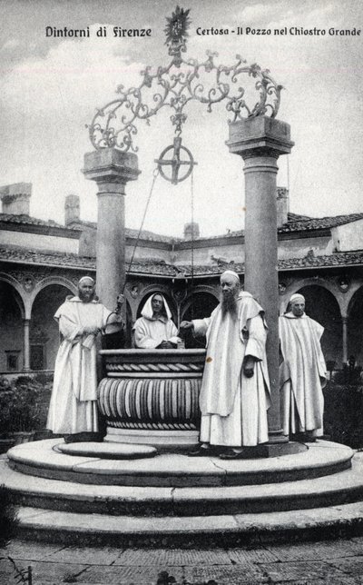 Włochy, Florencja, Chartreuse of Galluzzo (Certosa del Galluzzo): studnia w wielkim krużganku - Pocztówka koniec XIX-XX w. autorstwa William M. Timlin