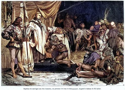 Jean de Bethencourt, normandzki dżentelmen, baron de Saint Martin le Gaillard, podbił i schrystianizował Wyspy Kanaryjskie w styczniu 1405 r., z magazynu „Sur terre et sur mer”” nr 28, 8 stycznia autorstwa Unbekannter Künstler
