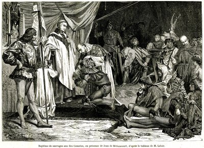 Jean de Bethencourt, normandzki dżentelmen, baron de Saint Martin le Gaillard, podbił i schrystianizował Wyspy Kanaryjskie w styczniu 1405 r., z magazynu „Sur terre et sur mer”” nr 28, 8 stycznia autorstwa Unbekannter Künstler