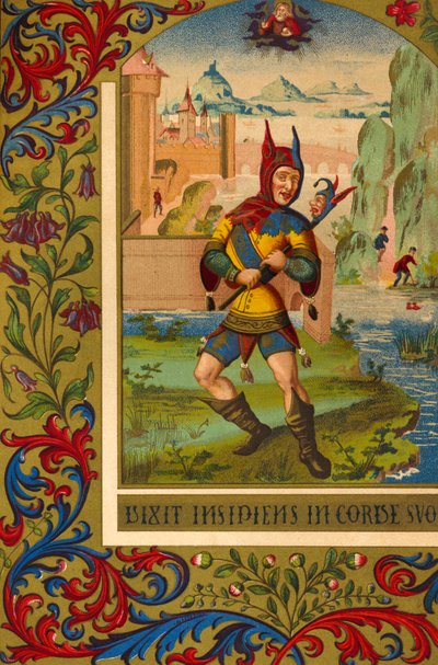 Błazen - portret średniowiecznego błazna dworskiego według XV-wiecznej miniatury (druk) autorstwa Unbekannter Künstler