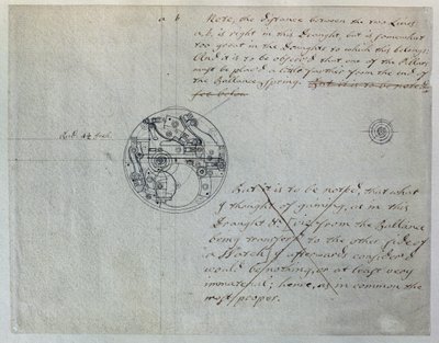 Projekt Johna Harrisona dotyczący „mniejszego zegarka” wspomniany przez niego na Board of Longitude 19 czerwca 1755, z zestawu mechanicznych notatek i rysunków skompilowanych przez Johna Harrisona (1693-1776) i jego syna Williama (ok. 1726-72) (pióro i atr autorstwa Unbekannt