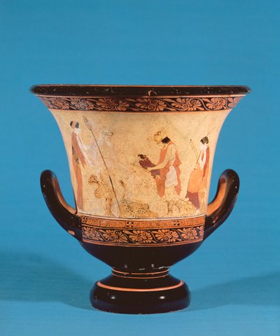 Krater Kalyx przedstawiający Hermesa dostarczającego niemowlę Dionizosa do Nimf, Etruskowie, ok. 460 pne (terakota) autorstwa Unbekannt