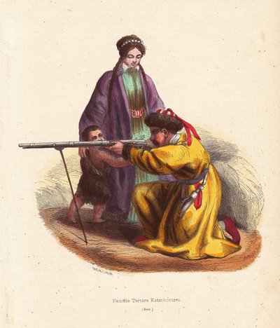 Tatarska rodzina z Kazania (Tatarstan, Rosja) - Tatarska rodzina z Kazania, mężczyzna w futrzanej czapce i futrzanym płaszczu strzelający z muszkietu, z kobietą w długim płaszczu i dzieckiem w futrze - Ręcznie kolorowany drzeworyt Merciera z "Customs, Uses autorstwa Unbekannter Künstler