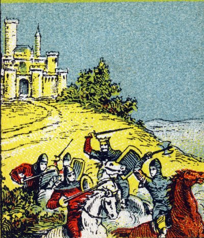 Król Ludwik VI Le Gros walczył z rabunkiem panów królestwa. Grawer w „Histoire de France”. Seria grafik reklamowych wydana na zlecenie Louit, 24 rue d