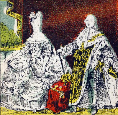 Król Francji Ludwik XVI i królowa Maria Antonina. Grawer w „Histoire de France”. Seria grafik reklamowych wydana na zlecenie Louit, 24 rue d