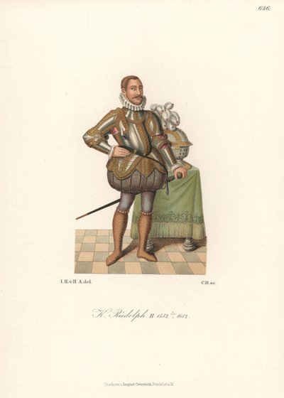 Król Rudolf II, Święty Cesarz Rzymski, król Czech, arcyksiążę Austrii (1552-1612). W koronkowej runie, zbroi płytowej zdobionej złotem, wężu z poduszkami i skarpetach z kolczugi. Chromolitografia z kolekcji Hefner-Alteneck