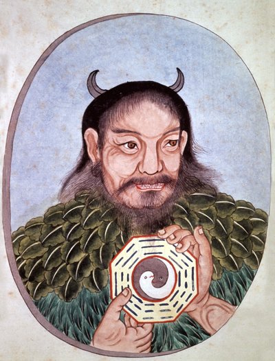 Legendarny chiński cesarz Fu Hi, jeden z założycieli taoizmu (2582 p.n.e.), nosi medalion z Yin i Yang, chińska rycina, koniec XVIII wieku autorstwa Unbekannter Künstler