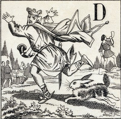 Litera D: Król Dagobert ścigany przez zająca. Grawerowanie w „ABC Les Images en Alphabet”. Obrazowanie epinal. Pellerin i Cie, drukarz-wydawca, Epinal, koniec XIX w., ok. 1890 r. 10 stron. Wymiary: 19,5 x 13,5 cm autorstwa Unbekannt