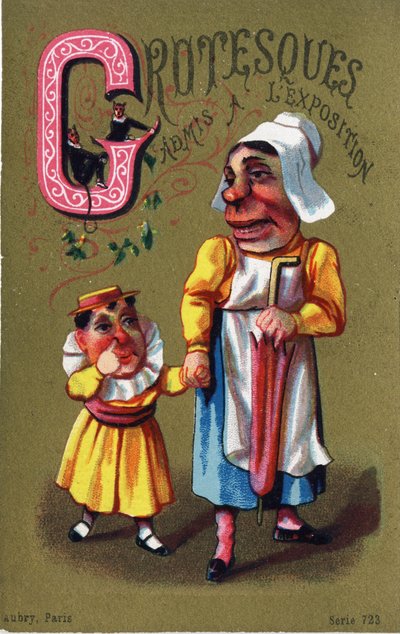 Litera G: Groteski dopuszczone do wystawy. Grawerowanie w „Alfabet des grotesques””. Seria 25 chromatografów reklamowych na tle dory, koniec XIX wieku. Wymiary: 11x 7 cm autorstwa Unbekannt