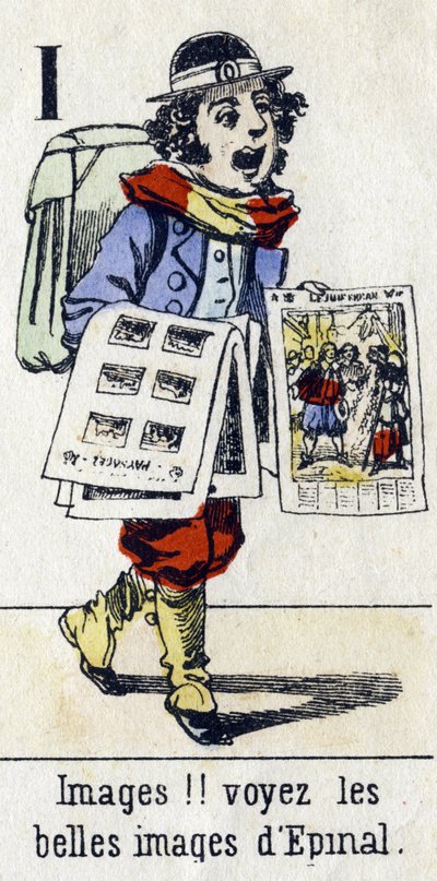 List I: "Obrazy!! zobacz piękne obrazy Epinal". Alfabet „Zabawa dzieci”. Obraz Epinal, około 1890. Popularny serial. Mała broszura 8 stron. Matrycowane drzeworyty na temat małych ulicznych metier i krzyków Paryża autorstwa Unbekannt