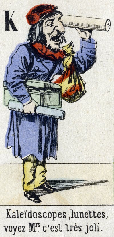 Litera K: „Kalejdoskopy, okulary, patrz Pani, jest bardzo ładnie”. Alfabet „Zabawa dzieci”. Obraz Epinal, około 1890. Popularny serial. Mała broszura 8 stron. Matrycowane drzeworyty na temat małych ulicznych metier i krzyków Paryża autorstwa Unbekannt