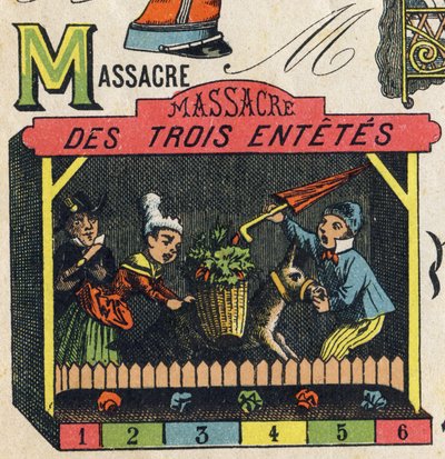 Litera M . Grawerowanie w "ABC Toys". Obrazowanie epinal w chromolitografii, około 1890 r. Mała broszura o objętości 8 stron. Wymiary: 195x135mm, przeznaczone do umieszczenia reklamy w 4 okładce. Używany w domu, oferuje znakomite abecedary i małą metodę cz autorstwa Unbekannt